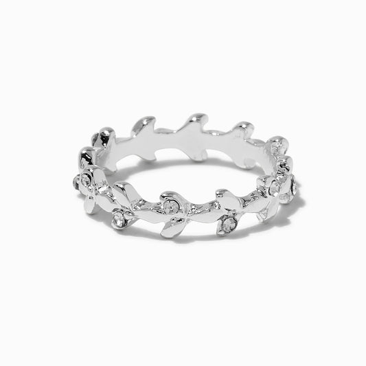 Silver-tone Crystal Leaf Ring